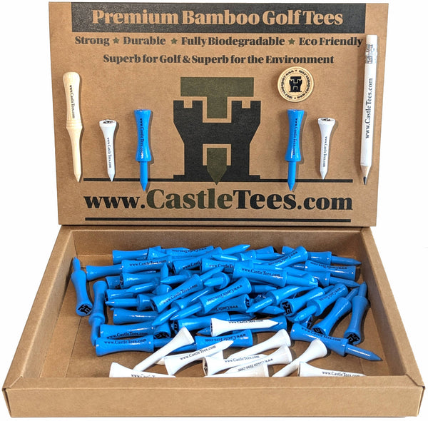 Sky Blue Castle Tees – 50 x 55mm Sky Blue Premium Bamboo Golf Tees in a Biodegradable Kraft Box