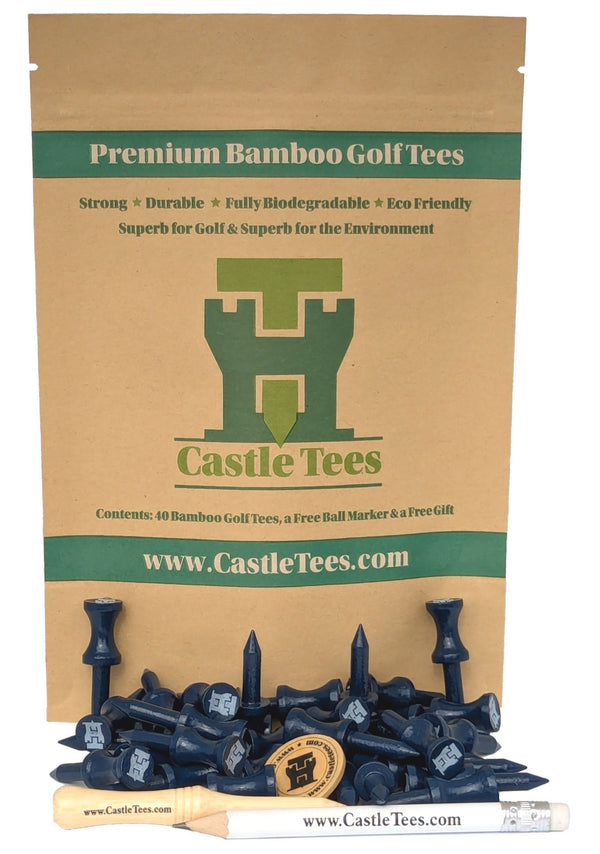 Blue Castle Tees – 40 x 38mm 1 ½ inch Blue Premium Bamboo Golf Tees in a Biodegradable Resealable Bag