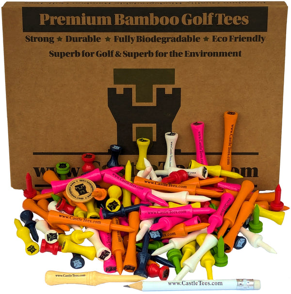 Mixed Castle Tees Box – 108 pcs Mixed Size Premium Bamboo Castle Golf Tees in a Box