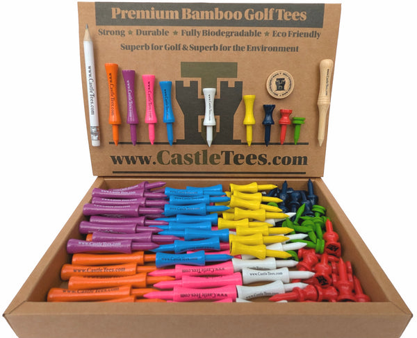 Mixed Castle Tees Box – 90 pcs Mixed Size Premium Bamboo Castle Golf Tees in a Box