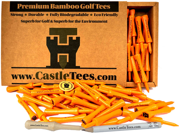Orange Castle Tees – 50 x 70mm 2 ¾ inches Orange Premium Bamboo Golf Tees in a Biodegradable Kraft Box