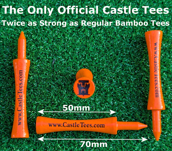 Orange Castle Tees – 40 x 70mm 2 ¾ inches Orange Premium Bamboo Golf Tees in a Tin