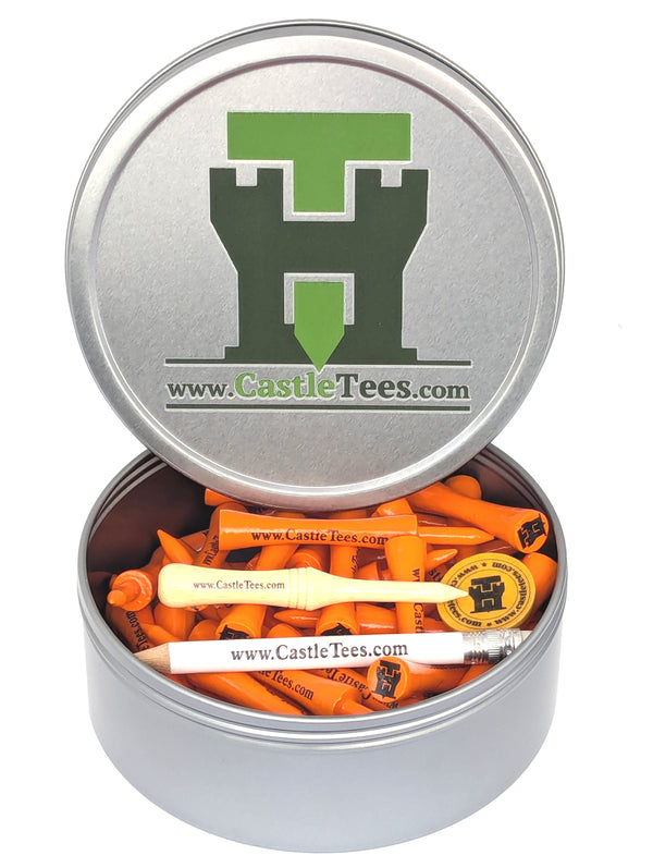 Orange Castle Tees – 40 x 70mm 2 ¾ inches Orange Premium Bamboo Golf Tees in a Tin