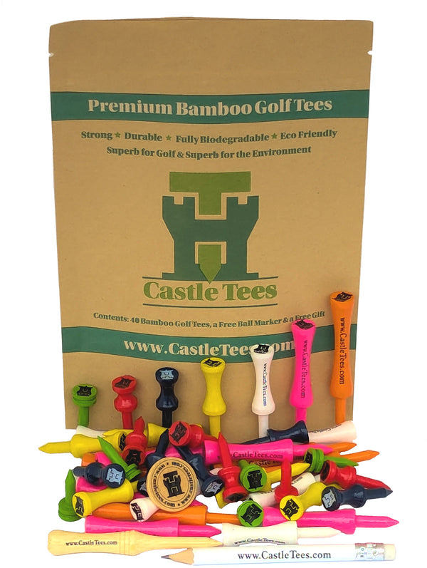 Mixed Castle Tees Bag – 45 pcs Mixed Size Premium Bamboo Castle Golf Tees in a Bag