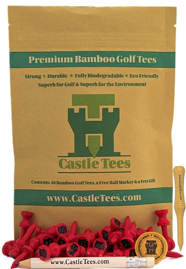 Red Castle Tees – 40 x 32mm 1 ¼ inch Red Premium Bamboo Golf Tees in a Biodegradable Resealable Bag