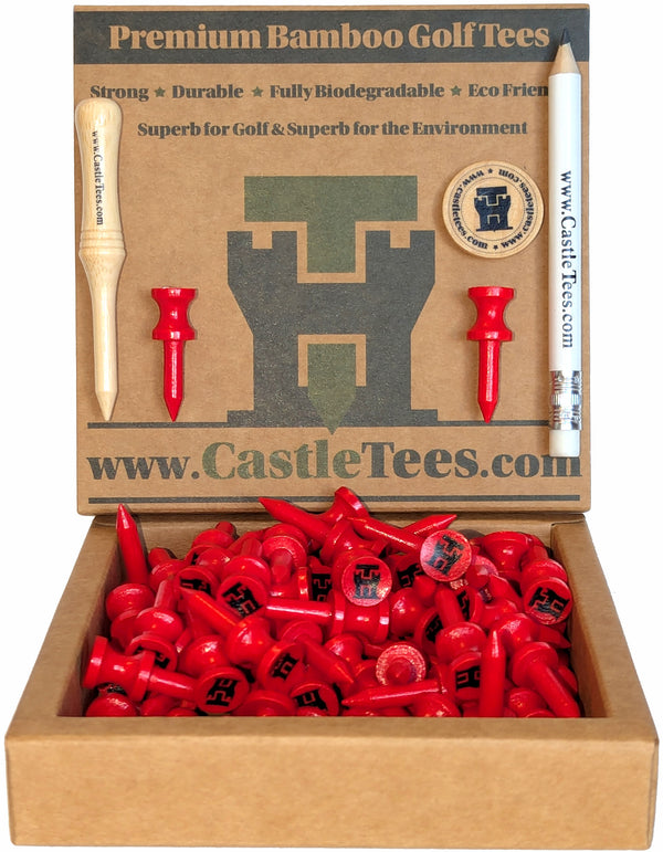 Red Castle Tees – 40 x 32mm 1 ¼ inch Red Premium Bamboo Golf Tees in a Biodegradable Resealable Bag