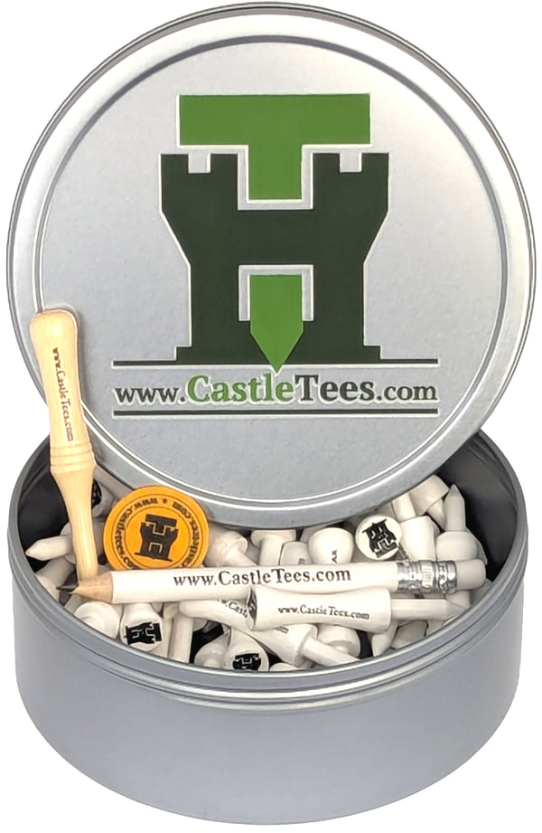 White Castle Tees – 40 x 51mm 2 inch White Premium Bamboo Golf Tees in a Tin