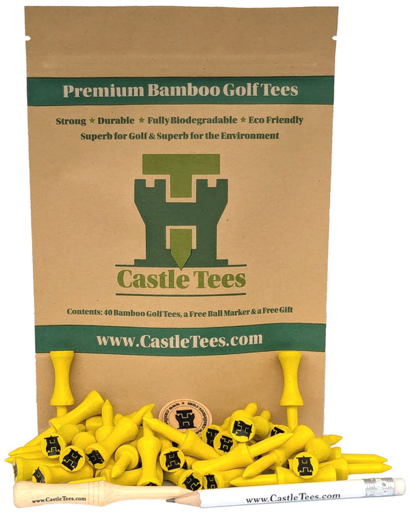 Yellow Castle Tees – 40 x 45mm 1 ¾ inch Yellow Premium Bamboo Golf Tees in a Biodegradable Resealable Bag